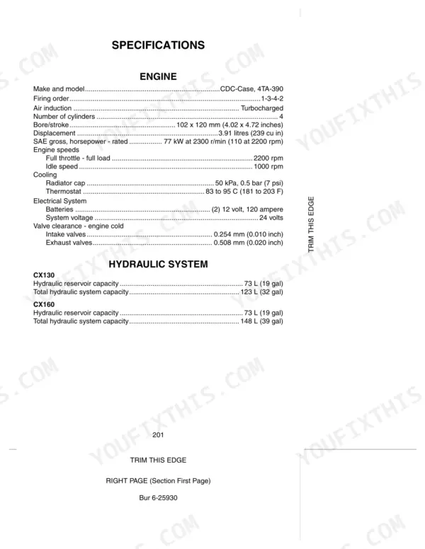 Case CX130, CX160 engine and hydraulic system specifications table including valve clearance, cooling, and fluid capacities.