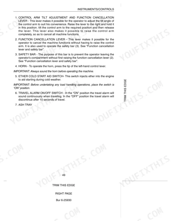 Case CX130, CX160 operator manual page describing instrument and control functions including tilt lever, safety bar, and switches.