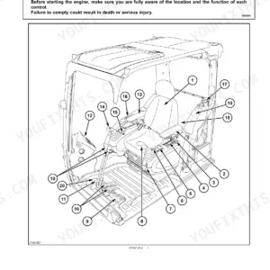 Case CX250C operator compartment diagram showing numbered locations of cab controls and accessories.
