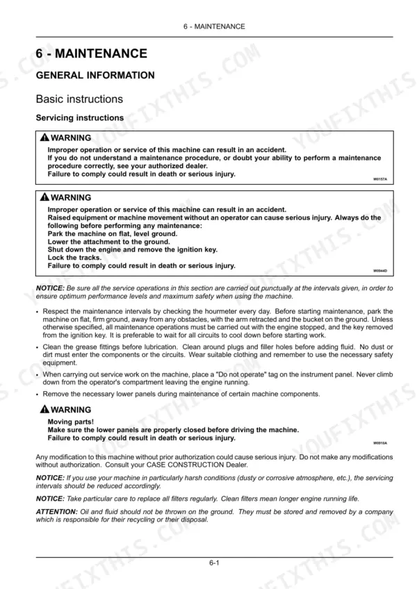 Case CX250C maintenance manual page detailing general safety instructions, servicing procedures, and warning labels.