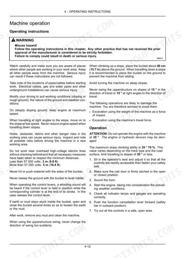 Case CX250C operator manual page detailing machine operation safety, slope limitations, and engine start-up procedures.
