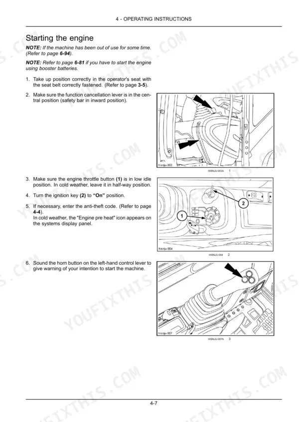Case CX250C operator manual page showing engine starting procedures, throttle button, ignition key, and horn button.