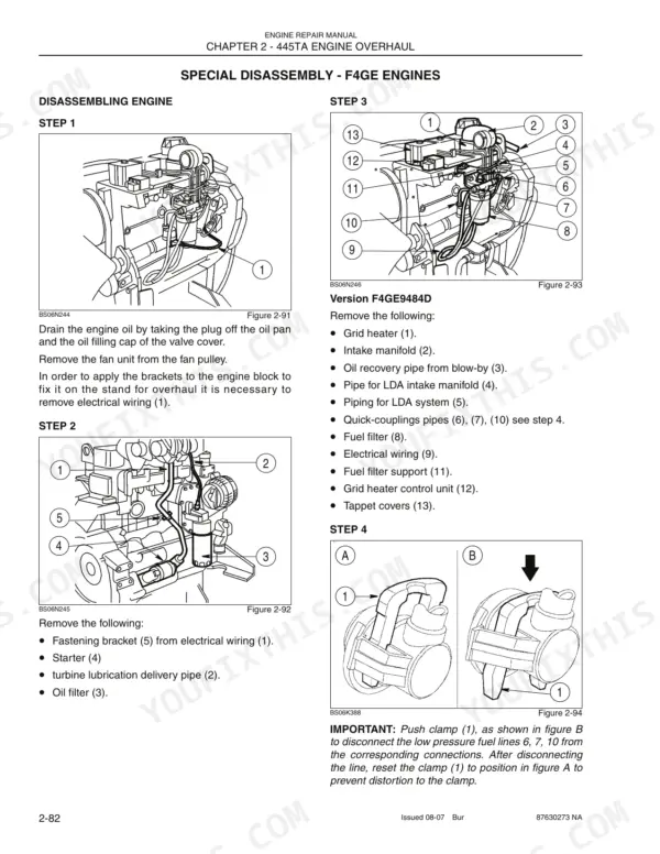 Case F4GE9454H, F4GE9454J, F4GE9484D, F4HE9484A, F4HE9484C engine disassembly procedures, diagrams, and component lists.