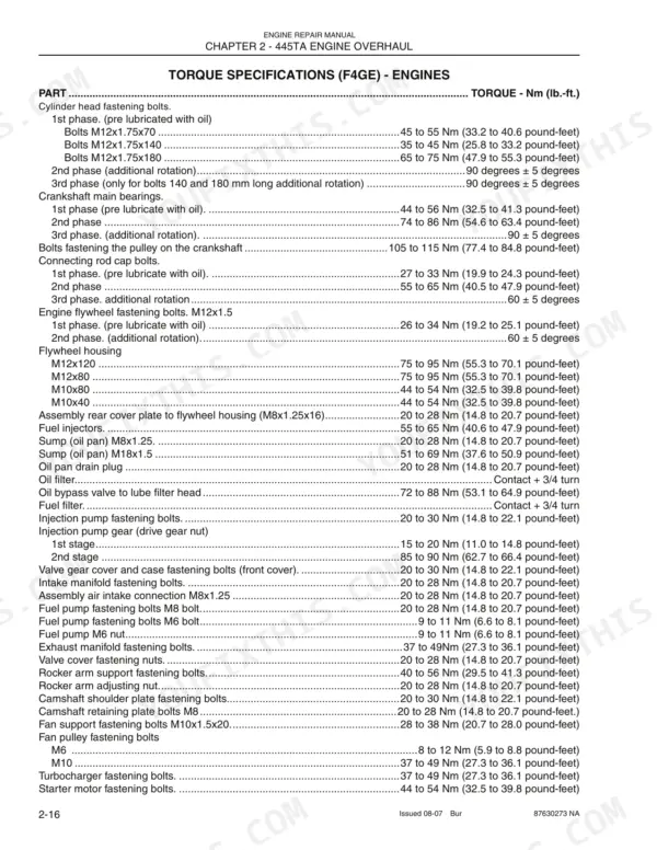 Case F4GE9454H, F4GE9454J, F4GE9484D, F4HE9484A, F4HE9484C engine torque specifications table for cylinder head and components.