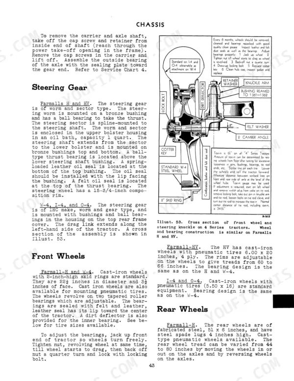 Case Farmall-H, Farmall-HV, W-4, O-4, OS-4, I-4, U-4, IU-4 Tractors: Steering gear diagram and front wheel maintenance.