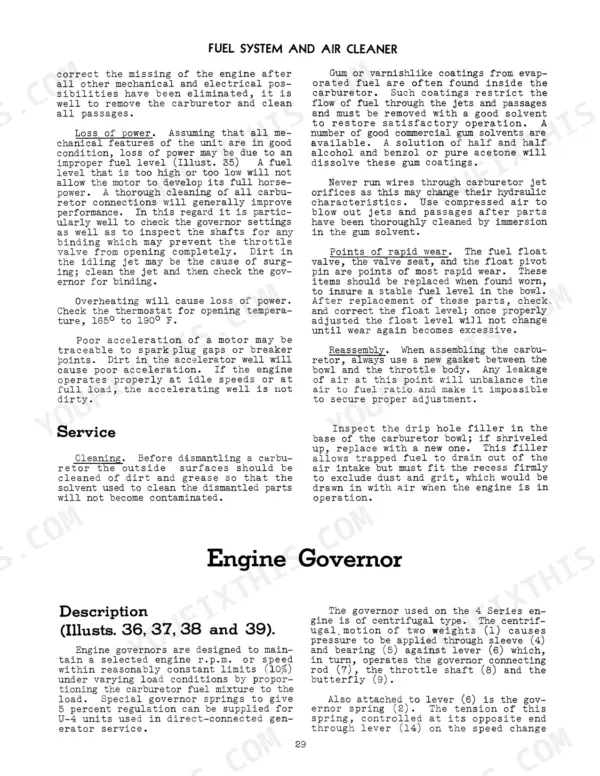 Case Farmall-H, 4 Series Tractors: Service procedures for fuel system, carburetor cleaning, and engine governor description.