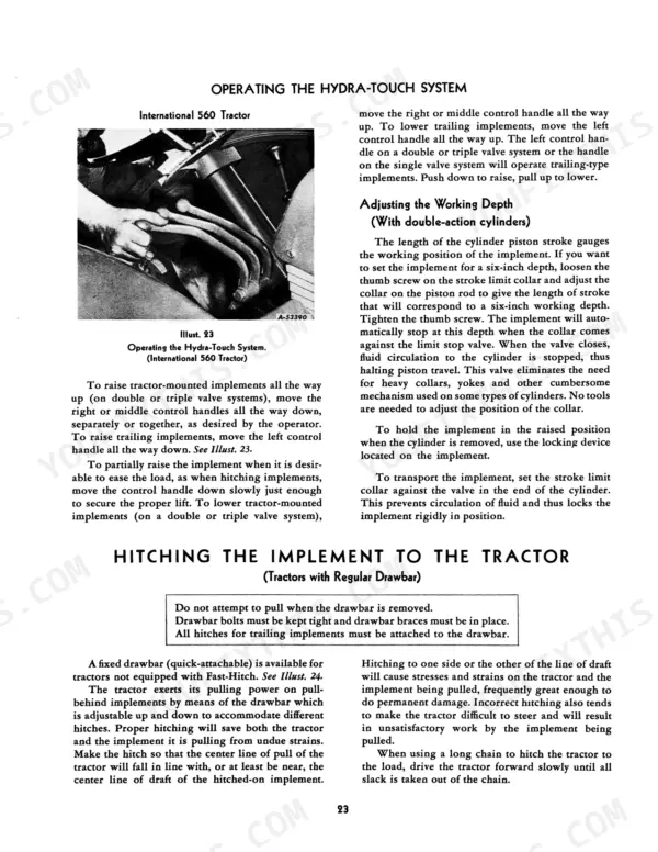 Case Farmall 460, 560, International 560: Hydra-Touch system operation, working depth adjustment, and drawbar hitching guide.