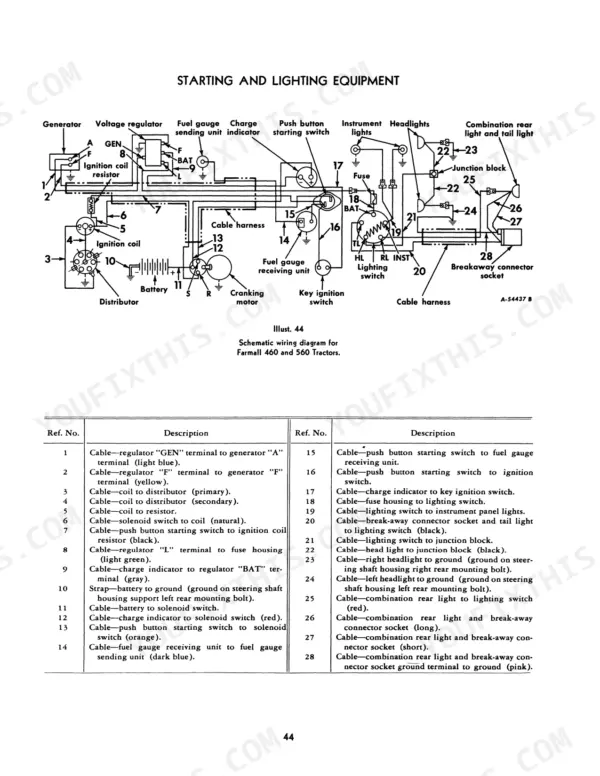 Case Farmall 460, Farmall 560, International 560 starting and lighting equipment schematic wiring diagram and parts list.