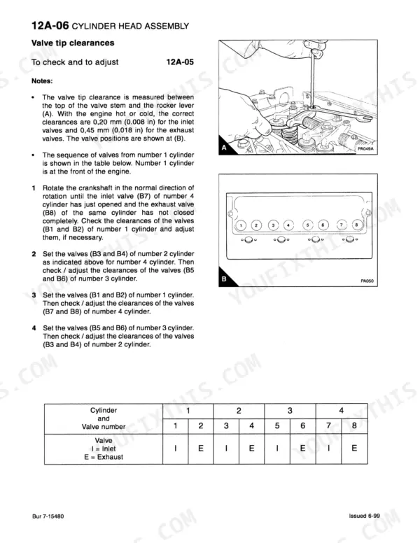 Case G 4.0, G 4.0T, Case G 4.0 cylinder head valve tip clearance adjustment procedure, diagrams, and valve sequence table.