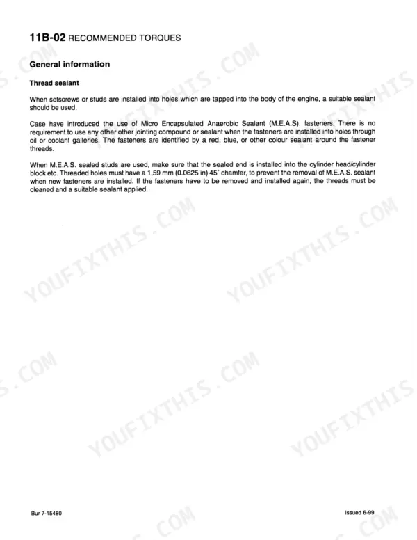 Case G 4.0, G 4.0T, Case G 4.0 service manual page 11B-02 detailing thread sealant and M.E.A.S. fastener procedures.