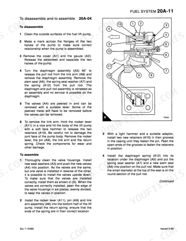 Case G 4.0, G 4.0T, Case G 4.0 fuel lift pump disassembly and assembly procedures with exploded view diagram.