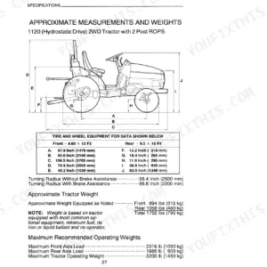 Case IH 1120, 1120 Tractor specifications diagram showing dimensions, weights, and turning radius measurements.