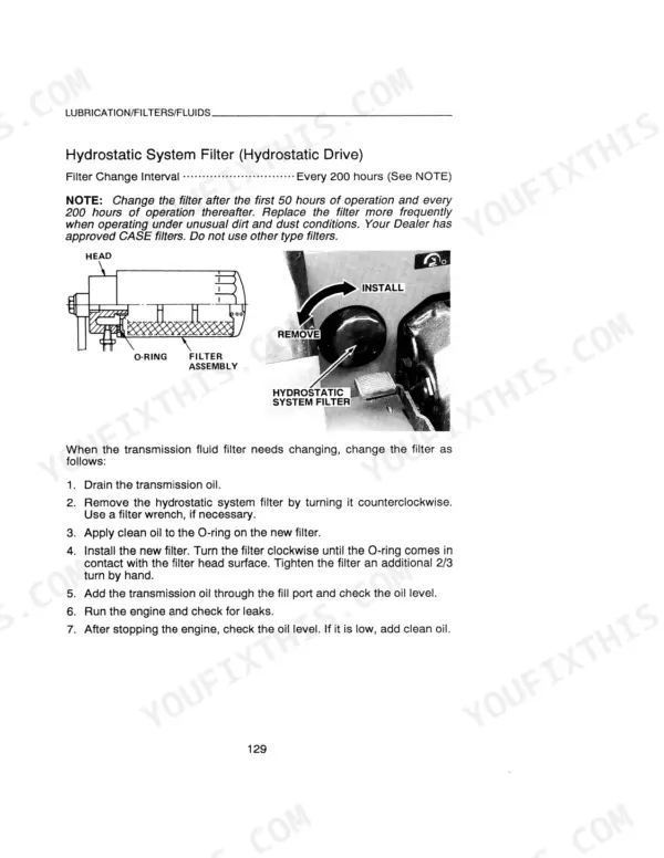 Case IH 1120, 1120 Tractor hydrostatic system filter replacement procedure, diagram, and maintenance intervals.