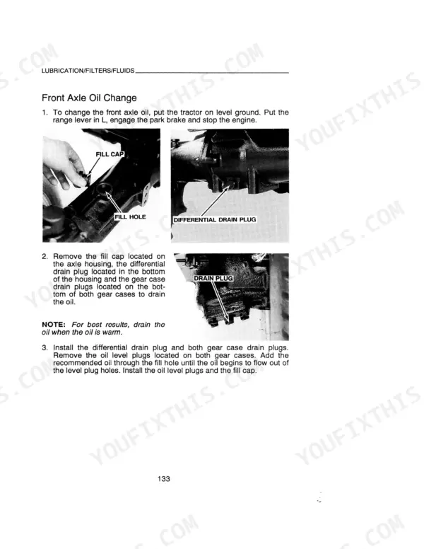 Case IH 1120, 1120 Tractor front axle oil change procedure showing fill cap, differential drain plug, and gear case plugs.