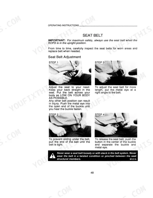 Case IH 1120, 1120 Tractor operator manual page showing seat belt adjustment and safety operating instructions.