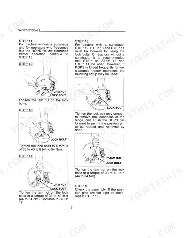 Case IH 1120, 1120 Tractor ROPS hinge adjustment and torque procedure steps 11-16 with jam nut and lock bolt diagrams.