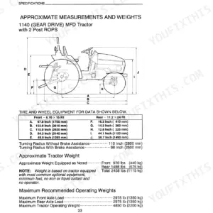 Case IH 1130, 1140, 1130-1140 Tractor specifications table showing approximate dimensions, weights, and turning radius.