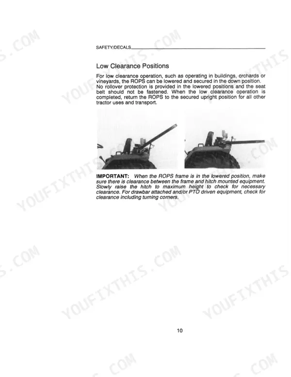 Case IH 1130, 1140, 1130-1140 Tractor safety procedure for lowering the ROPS frame for low clearance operation.