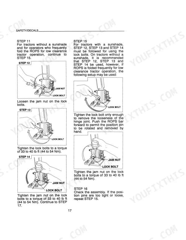 Case IH 1130, 1140, 1130-1140 Tractor ROPS folding and lock bolt torque adjustment procedures.
