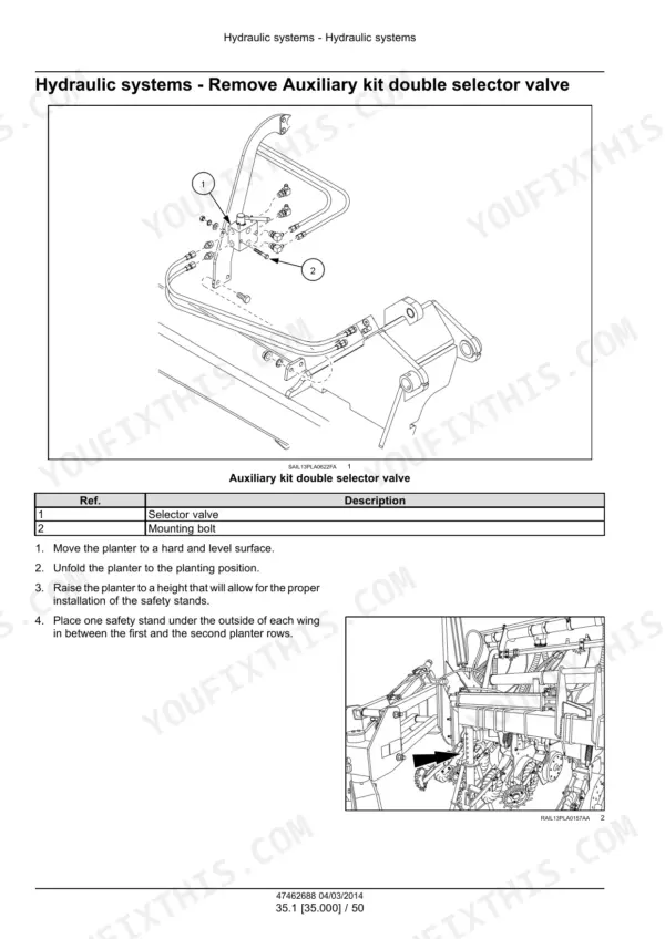 Case IH 1225AFF, 1625AFF, Twin-Row 1225AFF, Twin-Row 1625AFF, Front Fold Planter: Remove auxiliary double selector valve.