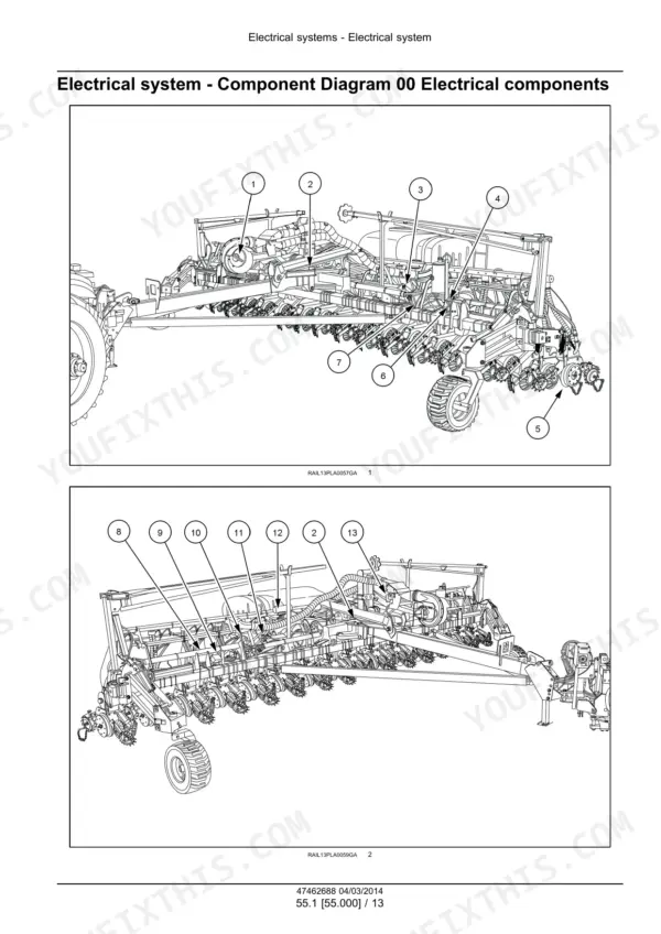 Case IH 1225AFF, 1625AFF, Twin-Row 1225AFF, Twin-Row 1625AFF, Front Fold Planter electrical component diagram with callouts.