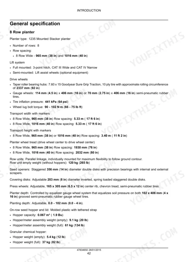 Case IH 1235 Mounted Stacker Planter general specifications table including row spacing, lift system, tire pressure, and dimensions.