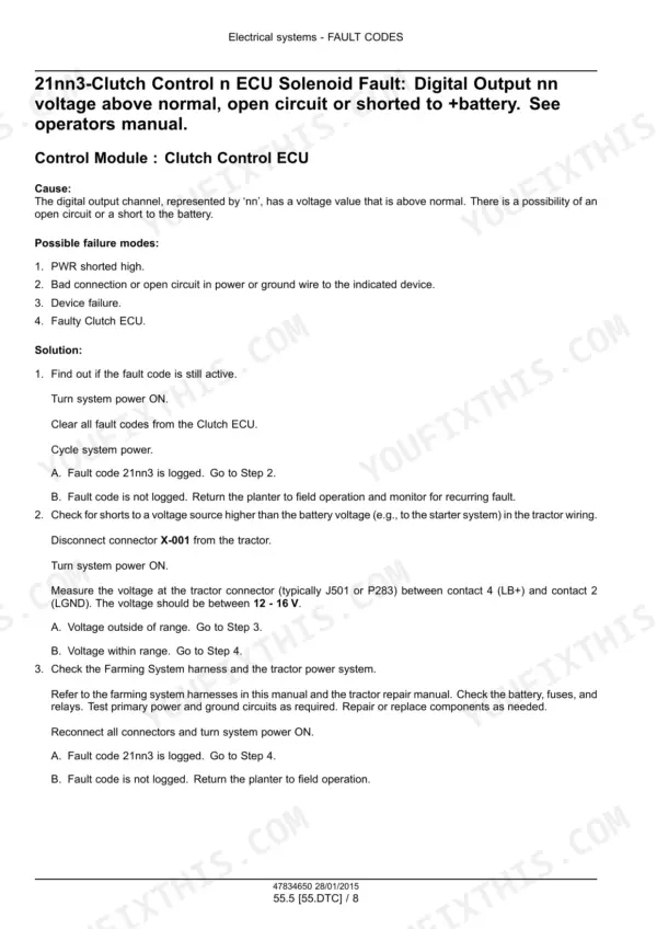 Case IH 1235 Mounted Stacker Planter troubleshooting guide for Clutch Control ECU fault code 21nn3 and solenoid voltage.