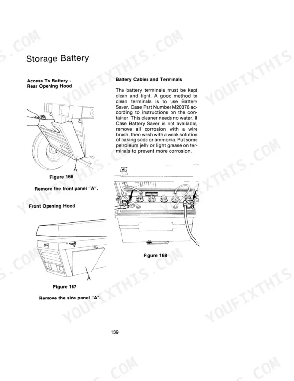 Case IH 1290, 1390 manual showing battery access procedures, hood panel removal diagrams, and terminal maintenance steps.