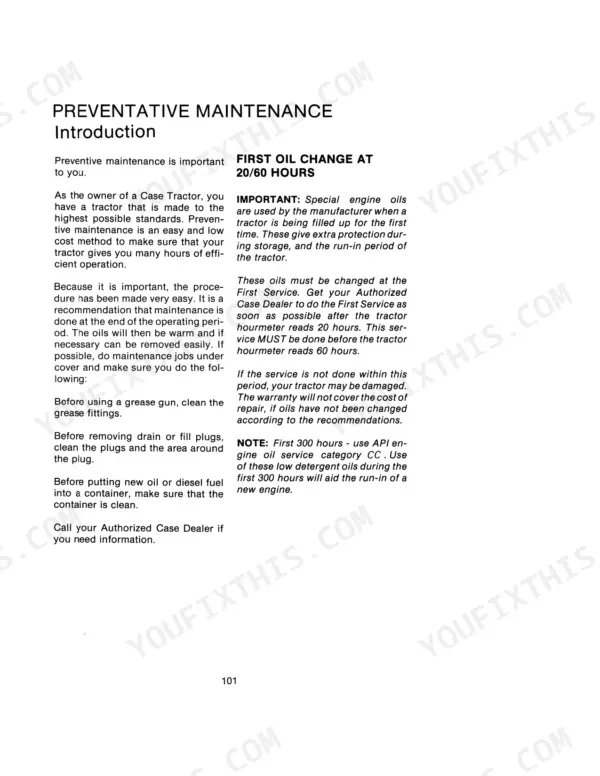 Case IH 1290, 1390 preventative maintenance introduction and first oil change procedures at 20 to 60 hours.
