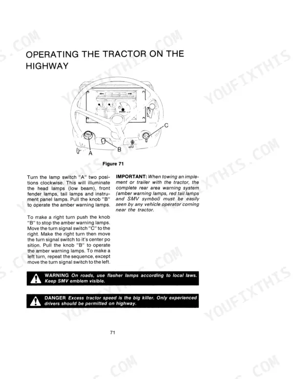 Case IH 1290, 1390 operator manual page showing highway lighting, turn signal, and warning lamp operating procedures.