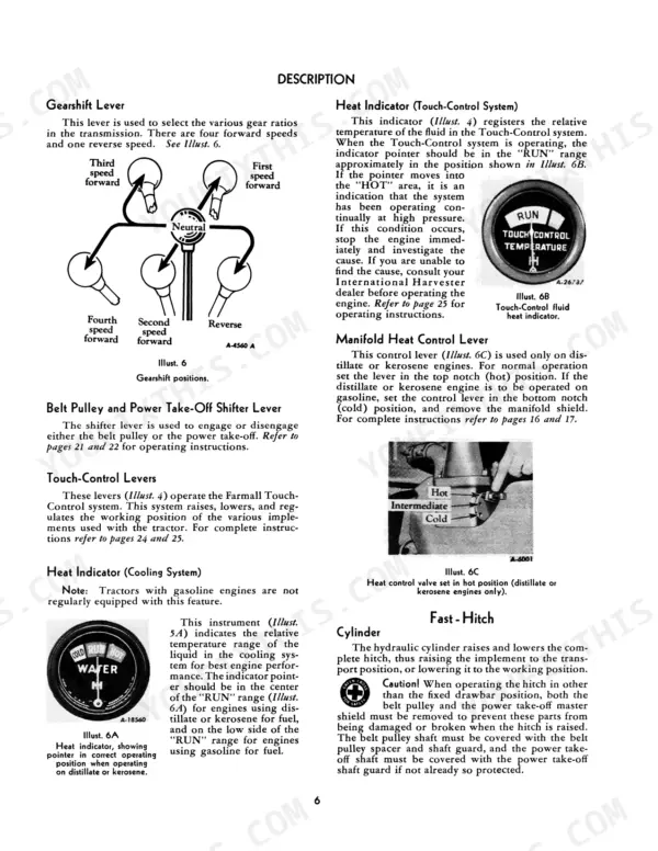 Case IH 130, 130 Tractors, MCCORMICK FARMALL 130, INTERNATIONAL 130 Tractors: Gearshift, heat indicator, and control lever diagrams.