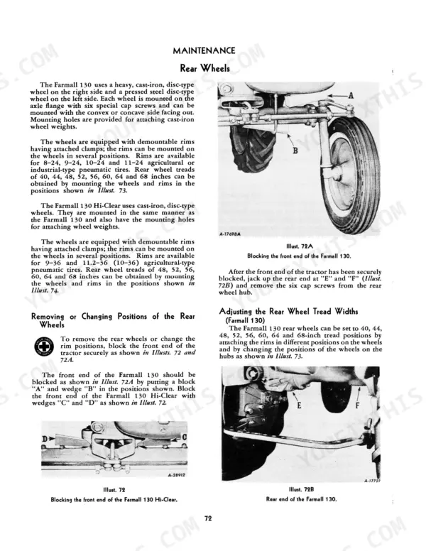 Case IH 130, 130 Tractors, MCCORMICK FARMALL 130, INTERNATIONAL 130 Tractors maintenance guide for rear wheel removal and tread adjustment.