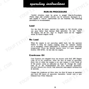 Case IH 1470, 1470 Tractor engine run-in procedure, load, no load, and crankcase oil maintenance instructions.