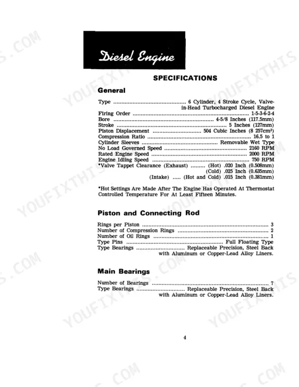 Case IH 1470, 1470 Tractor diesel engine specifications table including bore, stroke, firing order, and valve clearances.