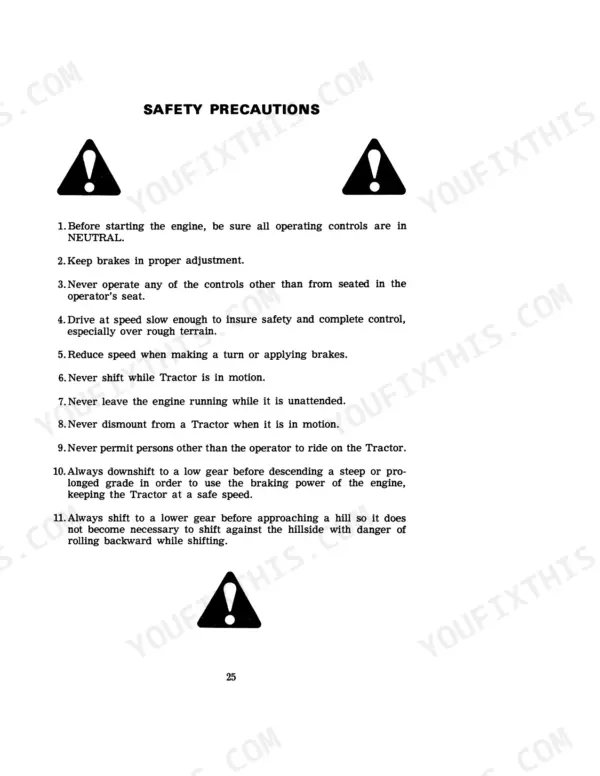 Case IH 1470, 1470 Tractor safety precautions list for operating controls, braking, and shifting procedures.