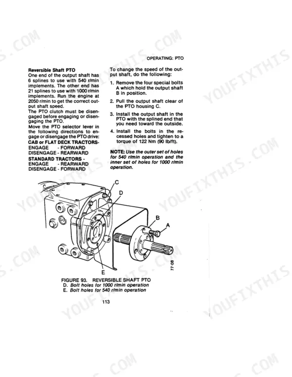 Case IH 1490 reversible PTO shaft removal and speed change procedure with diagram showing housing and output shaft.