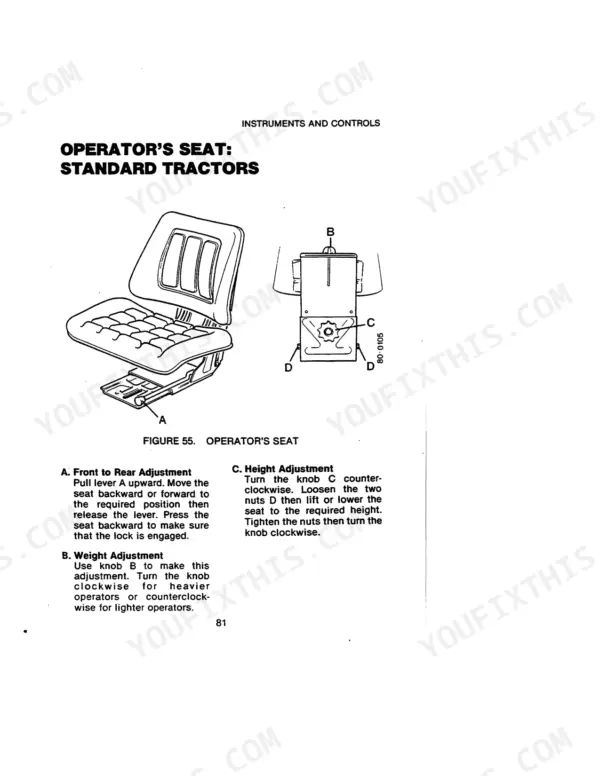Case IH 1490 operator seat adjustment procedures for standard tractors, including weight, height, and position controls.