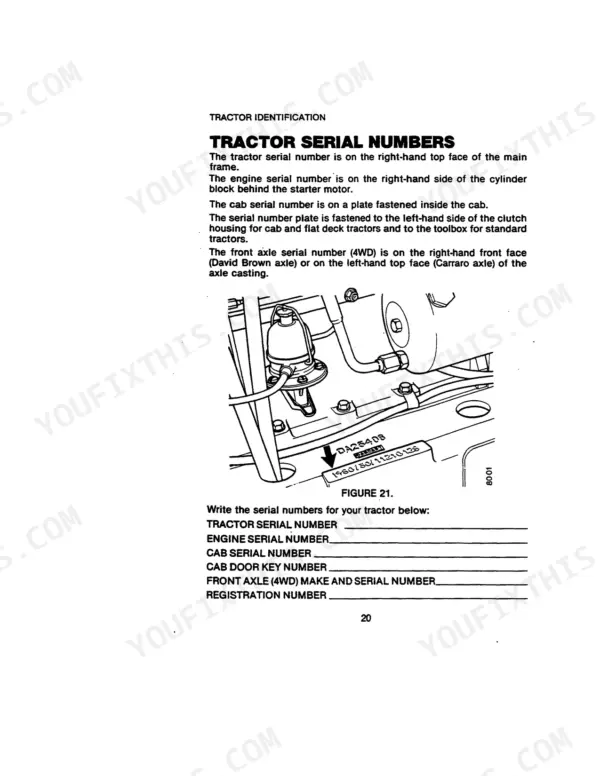Case IH 1490 tractor identification guide showing serial number locations and a diagram of the serial plate placement.