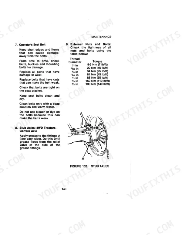 Case IH 1490 maintenance page with seat belt care, external bolt torque specifications table, and Carraro stub axle diagram.