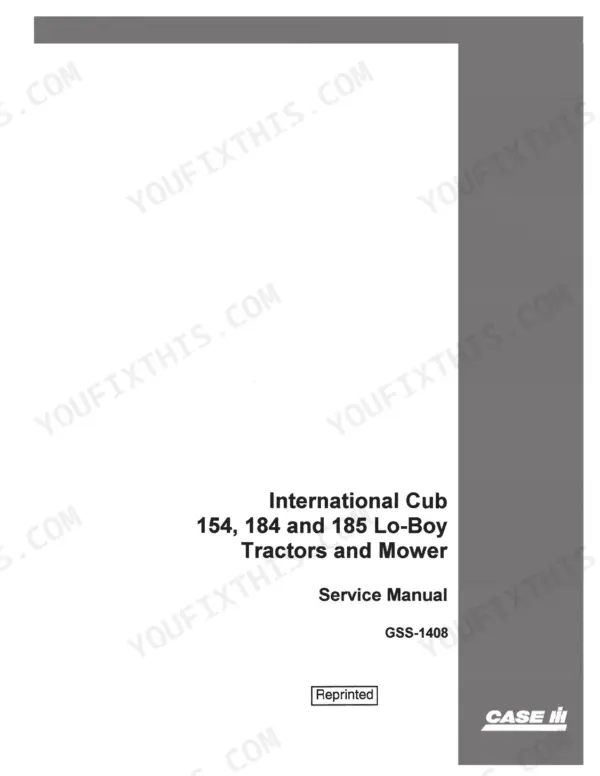Case IH 154, 184, 185, International Cub 154, 184, 185 Lo-Boy service manual cover, GSS-1408, tractors and mower.