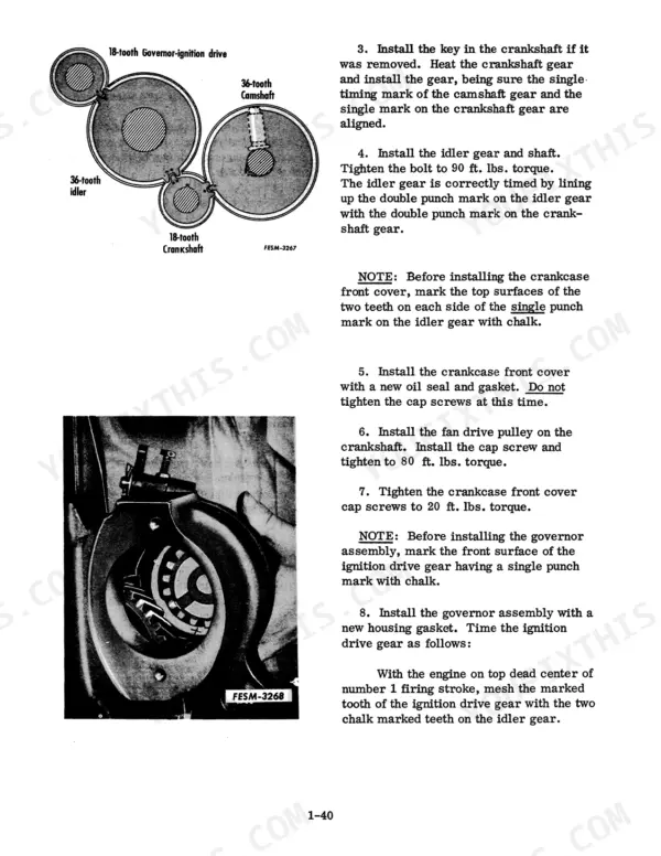 Case IH 154, 184, 185, International Cub 154, 184, 185 Lo-Boy timing gear installation and governor assembly procedures.