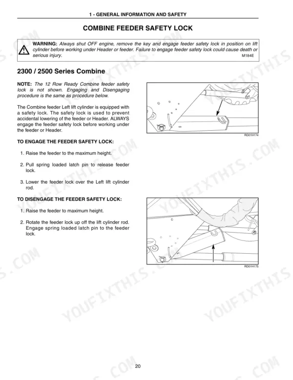 Case IH 2142, 2152, 2162 Draper Header — procedure to engage and disengage the feeder safety lock