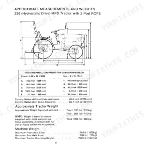 Case IH 235 tractor diagram showing approximate measurements, weights, turning radius, and axle load specifications.