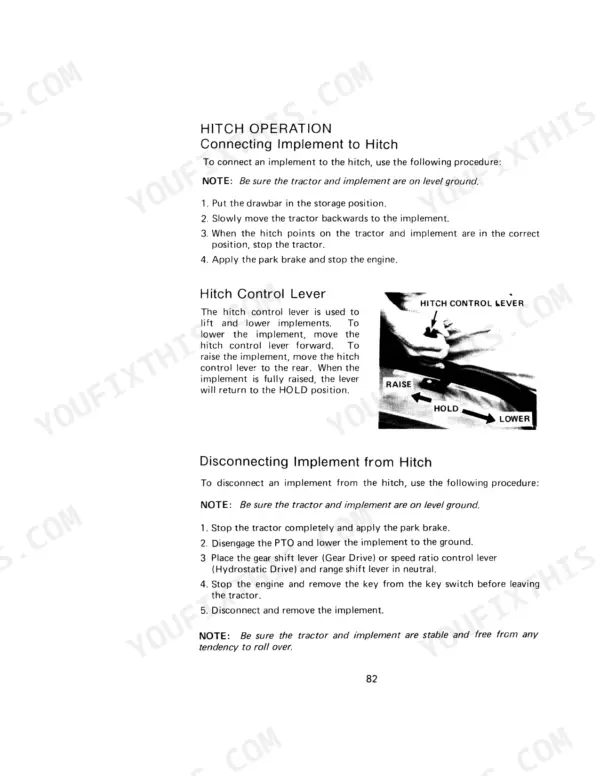 Case IH 235 hitch operation manual page showing procedures for connecting and disconnecting implements and hitch control lever.