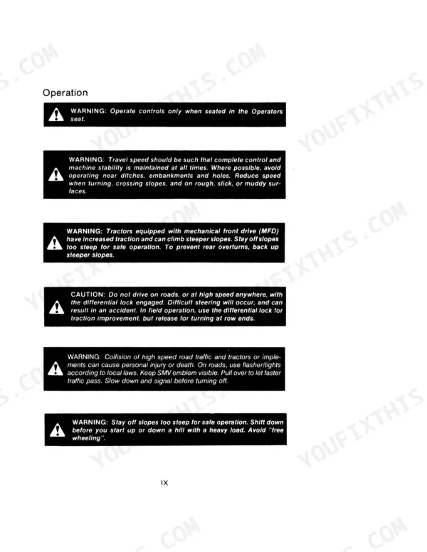 Case IH 235 operator manual page showing safety warnings for tractor operation, slope stability, and differential lock usage.