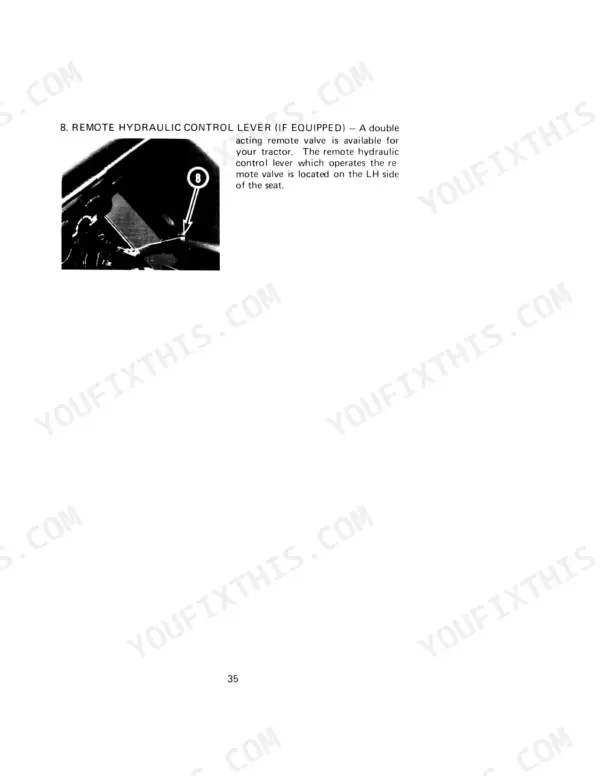 Case IH 235 operator manual page showing the remote hydraulic control lever location on the left side of the seat.
