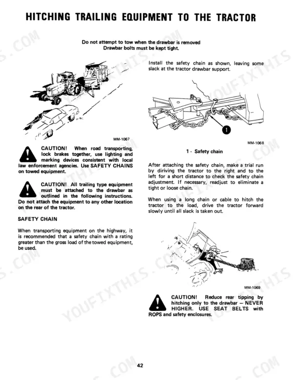 Case IH 244, 254 operator manual page showing procedures for hitching trailing equipment, safety chain installation, and tipping hazards.