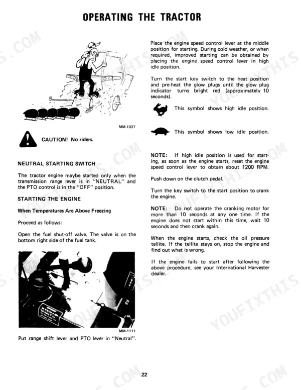 Case IH 244, 254 operator manual page for starting the engine, neutral starting switch, and tractor operating procedures.
