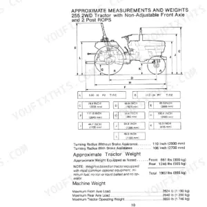 Case IH 255 2WD tractor dimensions, turning radius, and weight specifications diagram with component measurements.