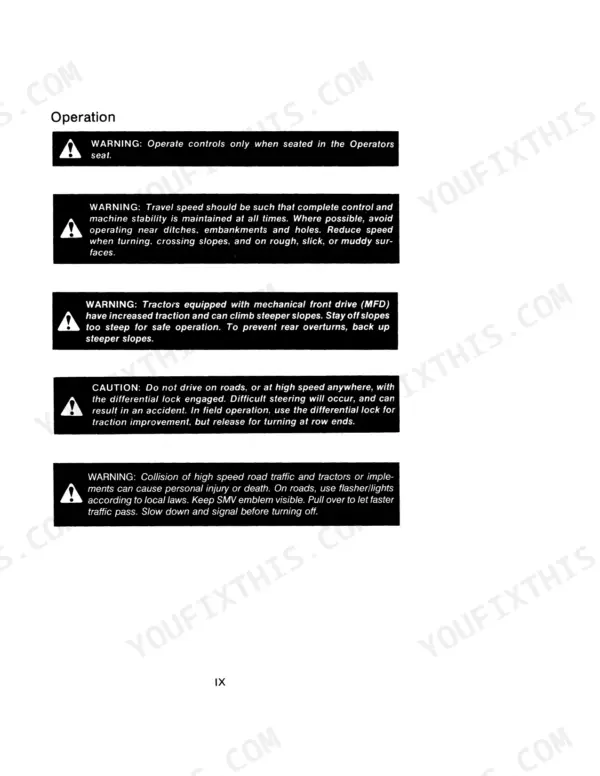 Case IH 245, 255 operator manual safety warnings for tractor operation, MFD, differential lock, and road travel.